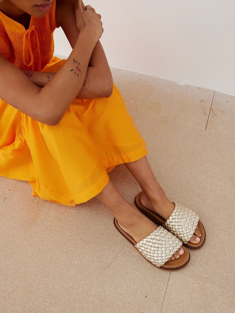Oliver Bonas Gold Woven Leather Mule Sandals - Image 7 of 7