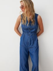 Oliver Bonas Blue Chambray Sleeveless Jumpsuit - Image 1 of 9