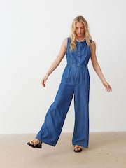 Oliver Bonas Blue Chambray Sleeveless Jumpsuit - Image 3 of 9