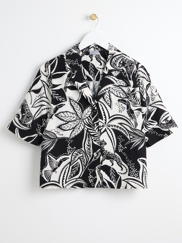 Oliver Bonas Black Tropical Print Shirt With Linen - Image 1 of 5