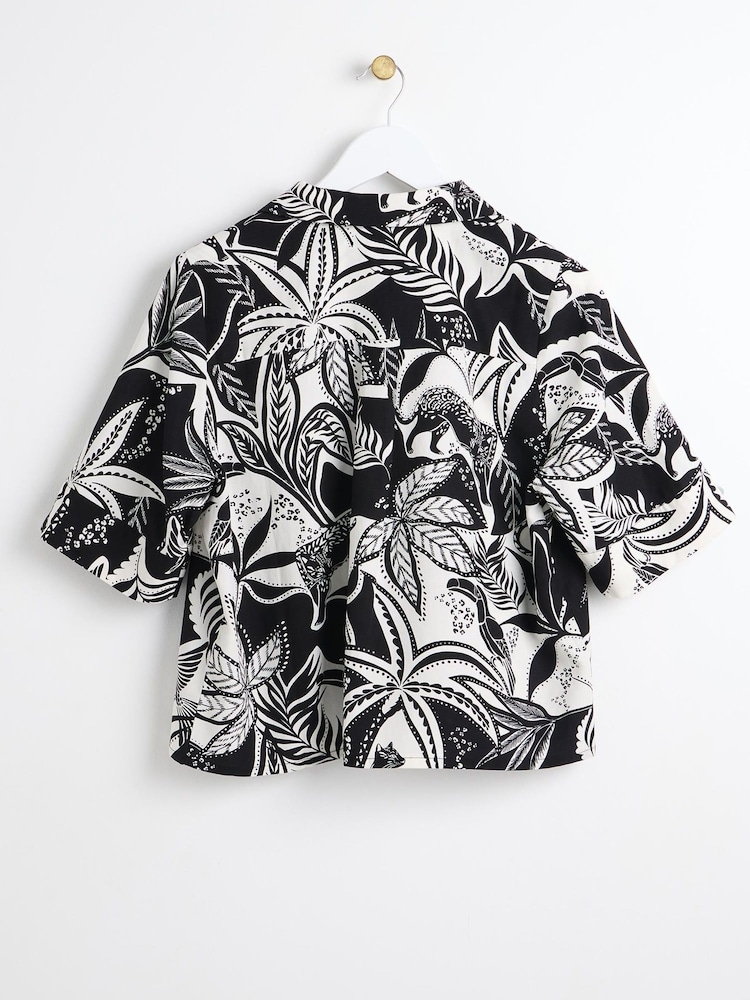 Oliver Bonas Black Tropical Print Shirt With Linen - Image 2 of 5