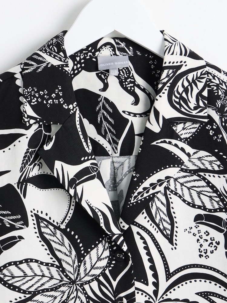 Oliver Bonas Black Tropical Print Shirt With Linen - Image 3 of 5