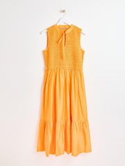 Oliver Bonas Orange Shirred Bodice Midi Dress - Image 1 of 6