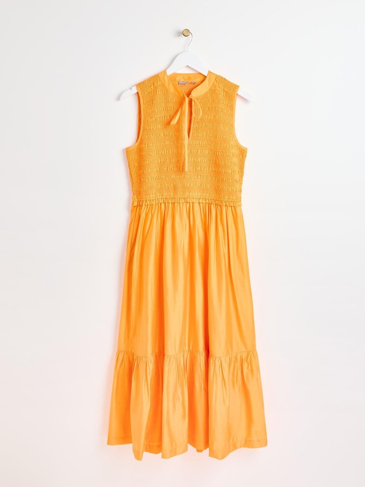 Oliver Bonas Orange Shirred Bodice Midi Dress - Image 1 of 6