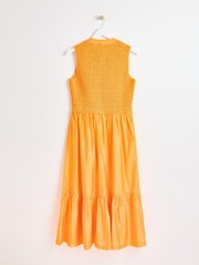 Oliver Bonas Orange Shirred Bodice Midi Dress - Image 2 of 6
