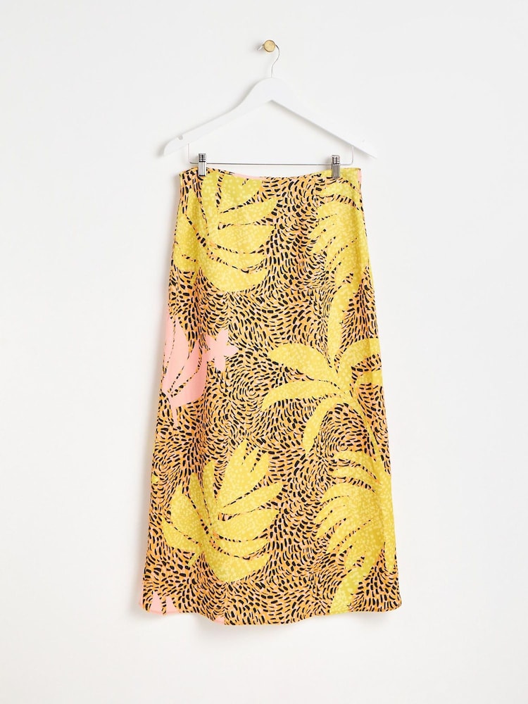 Oliver Bonas Yellow Palm Print Midi Skirt With Linen - Image 2 of 6