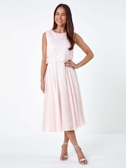 Roman Pink Lace Pleated Midi Dress - Image 1 of 5