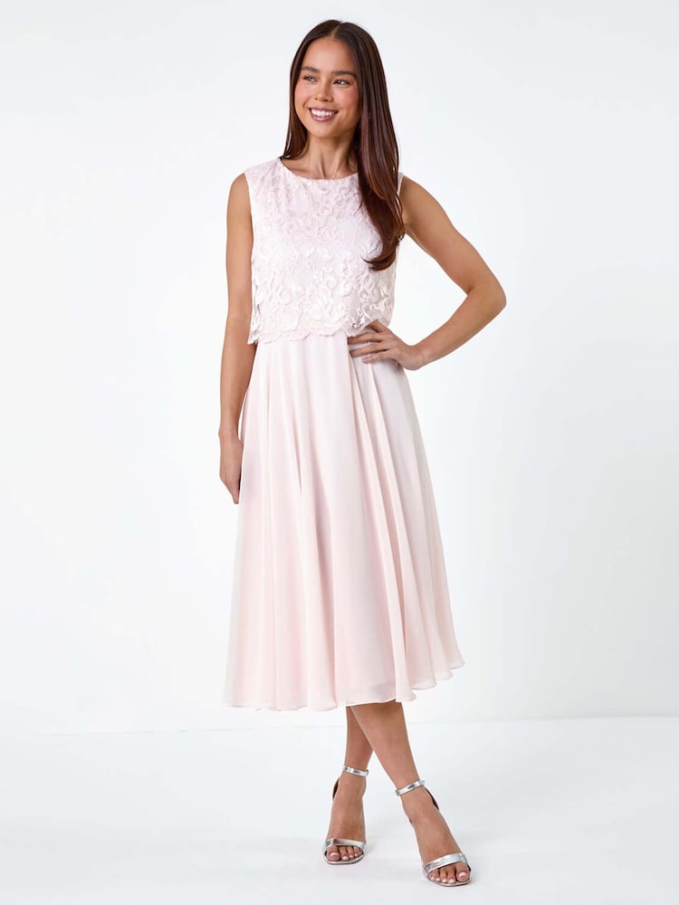 Roman Pink Lace Pleated Midi Dress - Image 1 of 5