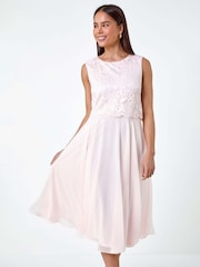 Roman Pink Lace Pleated Midi Dress - Image 2 of 5