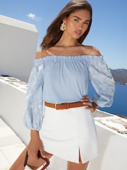Lipsy Blue Embroidered Sleeve Bardot Top - Image 3 of 4