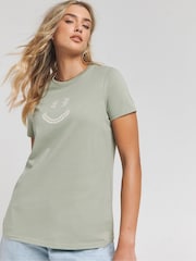Simply Be Green Embroidered Smiley Daisy 100% Cotton T-Shirt - Image 1 of 3