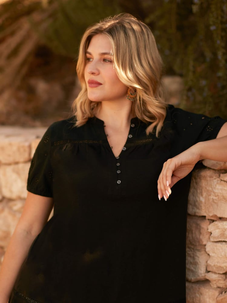 Live Unlimited Black Curve Cotton Jersey Broderie Blouse - Image 1 of 5