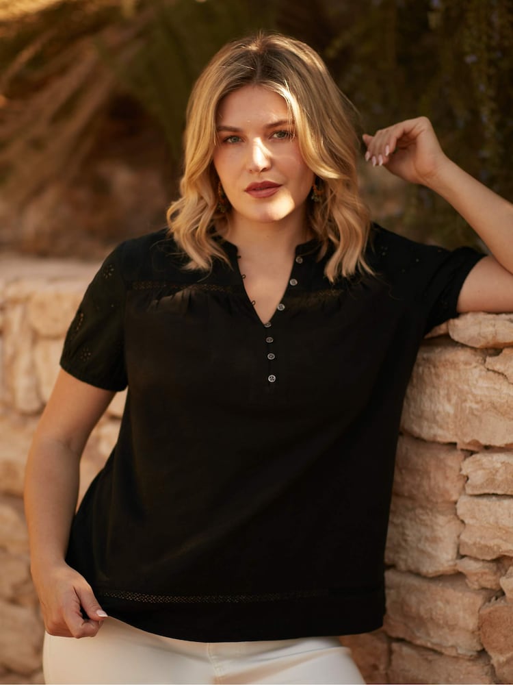 Live Unlimited Black Curve Cotton Jersey Broderie Blouse - Image 2 of 5