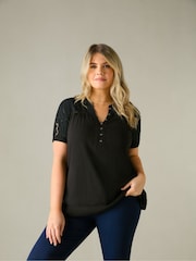 Live Unlimited Black Curve Cotton Jersey Broderie Blouse - Image 3 of 5