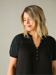 Live Unlimited Black Curve Cotton Jersey Broderie Blouse - Image 4 of 5