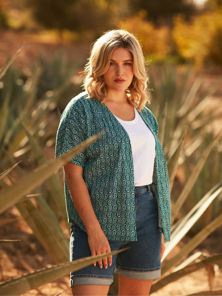 Live Unlimited Green Curve Paisley Print Jersey Kimono - Image 1 of 6