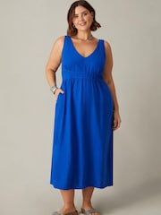 Live Unlimited Blue Curve Linen Mix V-Neck Midi Dress - Image 1 of 4