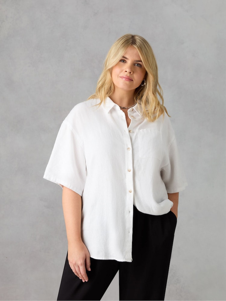 Live Unlimited White Curve Linen Mix Short Sleeve Shirt - Image 1 of 5