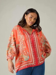 Live Unlimited Red Curve Scarf Print Tie Neck Blouse - Image 1 of 7