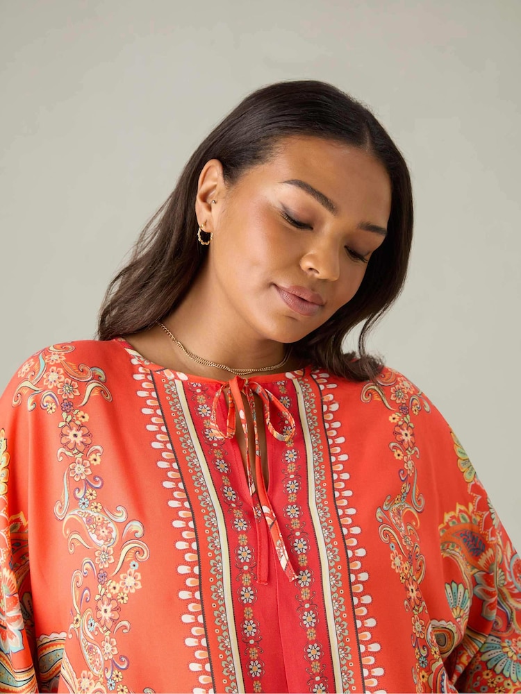 Live Unlimited Red Curve Scarf Print Tie Neck Blouse - Image 2 of 7