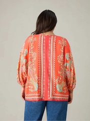 Live Unlimited Red Curve Scarf Print Tie Neck Blouse - Image 3 of 7