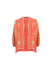 Live Unlimited Red Curve Scarf Print Tie Neck Blouse - Image 6 of 7