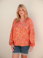 Live Unlimited Orange Curve Floral Nehru Collar Blouse - Image 2 of 4