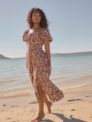 Animal Puff Sleeve Midi Dress - Image 1 of 6