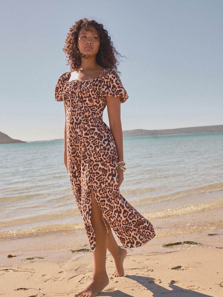 Animal Puff Sleeve Midi Dress - Image 1 of 6
