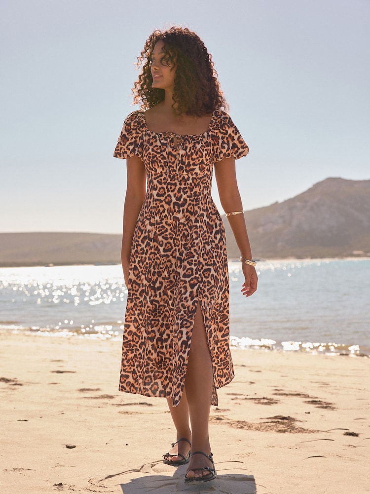Animal Puff Sleeve Midi Dress - Image 2 of 8 Animal Puff Sleeve Midi Dress - Image 2 of 8