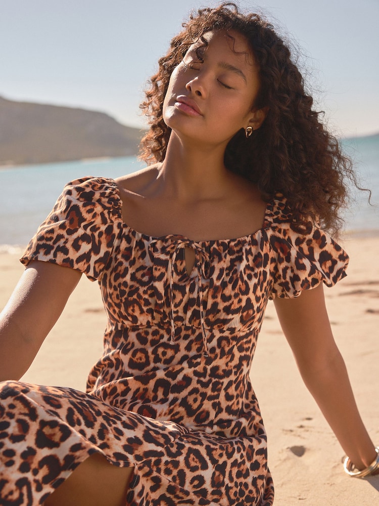 Animal Puff Sleeve Midi Dress - Image 3 of 8