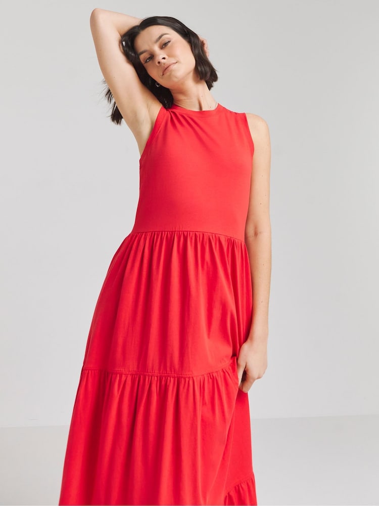 Simply Be Red 100% Cotton Poplin Tiered Maxi Dress - Image 1 of 4 Simply Be Red 100% Cotton Poplin Tiered Maxi Dress - Image 1 of 4