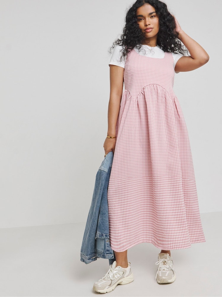Simply Be Pink Gingham Smock Apron Dress - Image 1 of 4