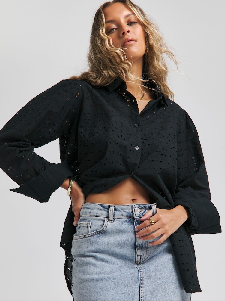 Simply Be Black 100% Cotton Broderie Shirt - Image 1 of 4 Simply Be Black 100% Cotton Broderie Shirt - Image 1 of 4