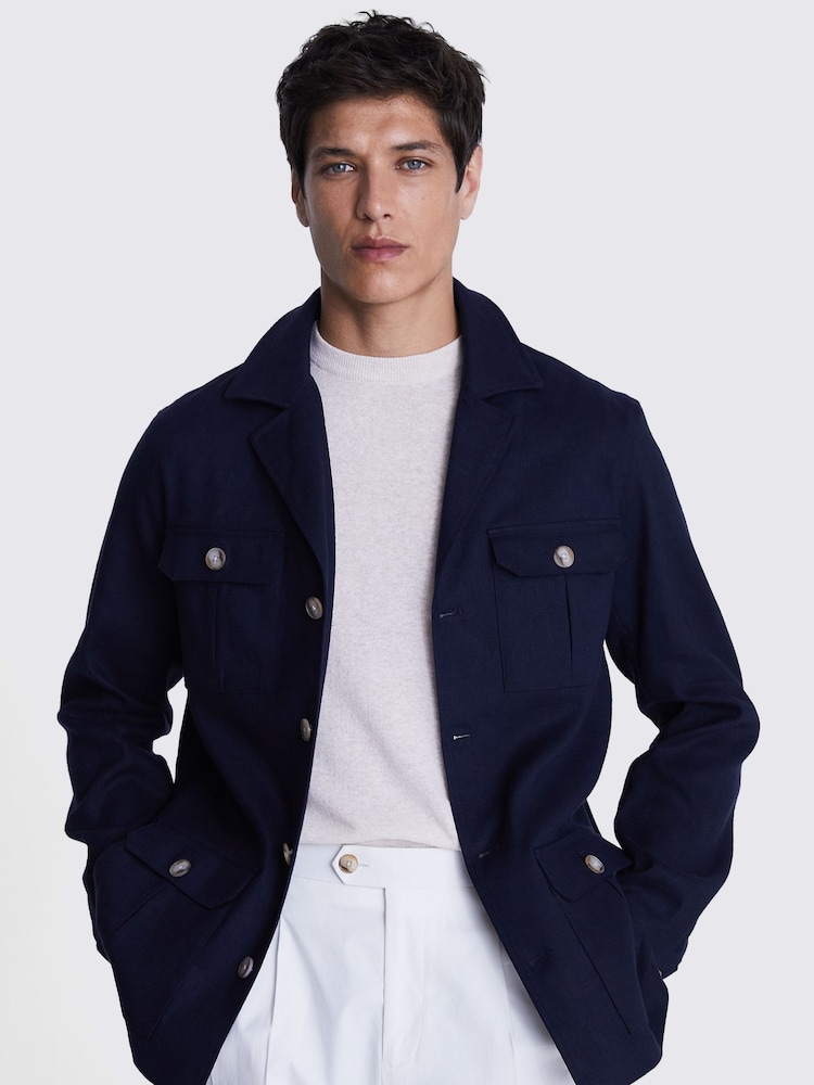 MOSS Navy Blue Matte Linen Safari Shirt - Image 2 of 4