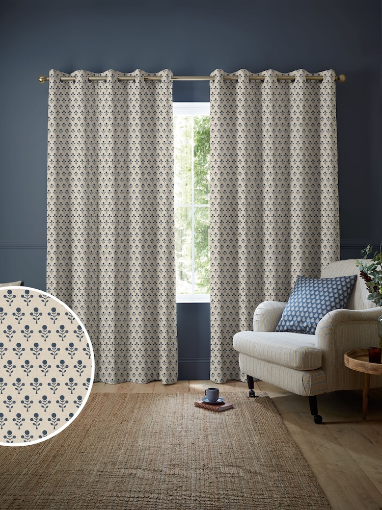 Emily Bond Indigo Blue Hawthorn Made to Measure 100% Cotton Curtains - Image 1 of 10