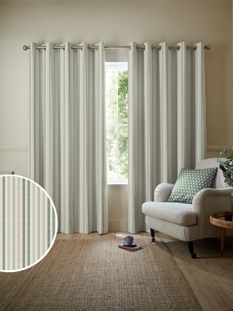 Emily Bond Fern Green Cornish Stripe Made to Measure 100% Cotton Curtains - Image 1 of 10