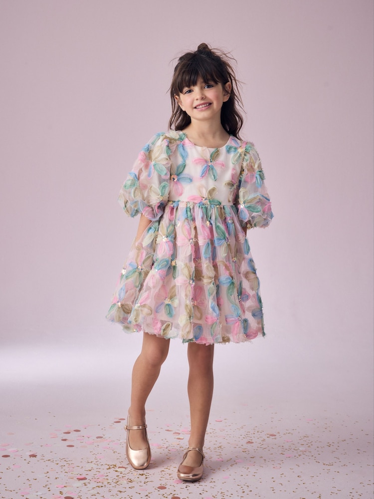 Pink Embellished Puff Sleeve Dress (3-16yrs) - Image 2 of 8