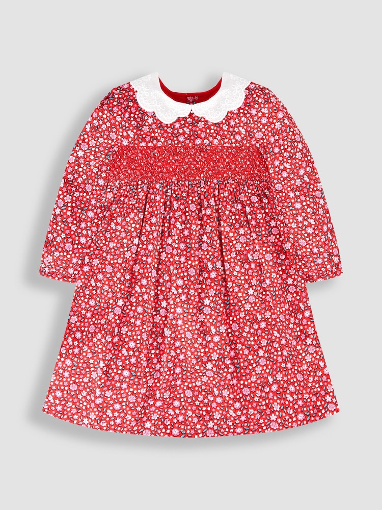 JoJo Maman Bébé Red Winter Blossom Smocked Party Dress - Image 1 of 5