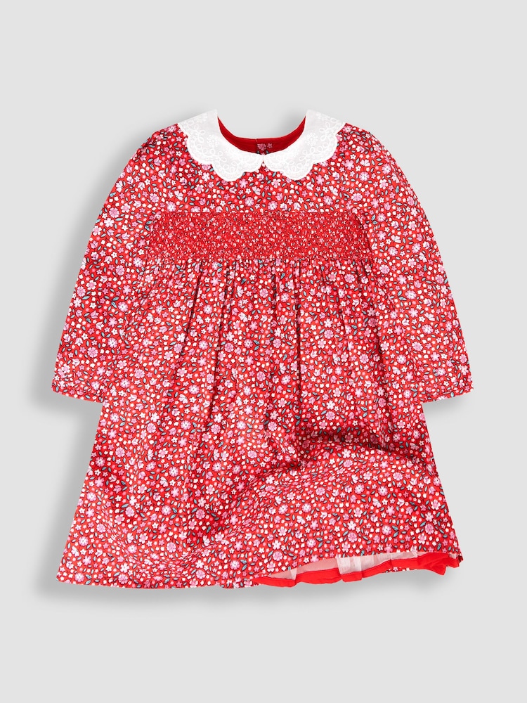 JoJo Maman Bébé Red Winter Blossom Smocked Party Dress - Image 2 of 5