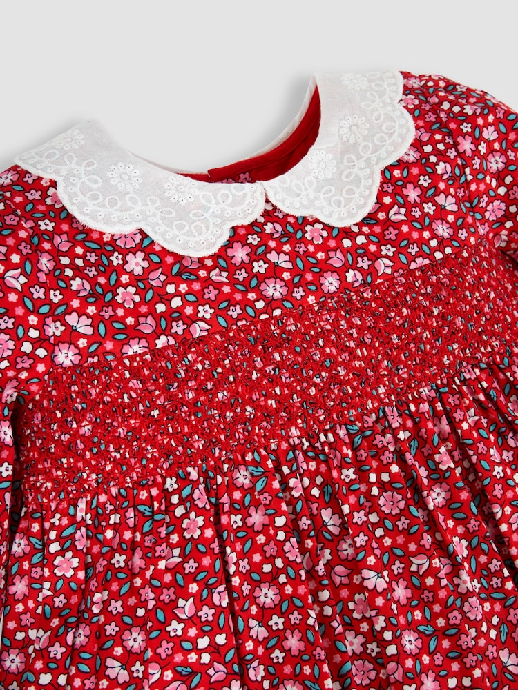 JoJo Maman Bébé Red Winter Blossom Smocked Party Dress - Image 3 of 5
