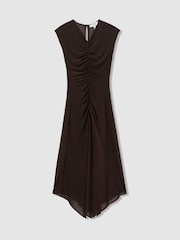 Reiss Chocolate Lyra Petite Mesh Ruched Midi Dress - Image 2 of 5