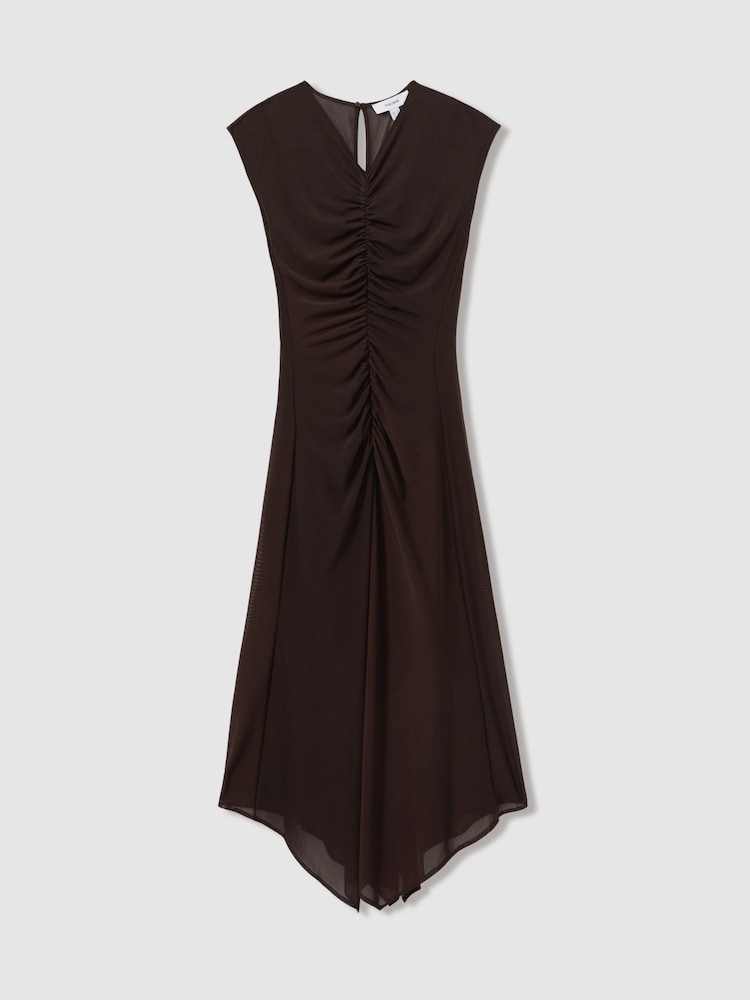 Reiss Chocolate Lyra Petite Mesh Ruched Midi Dress - Image 2 of 5 Reiss Chocolate Lyra Petite Mesh Ruched Midi Dress - Image 2 of 5