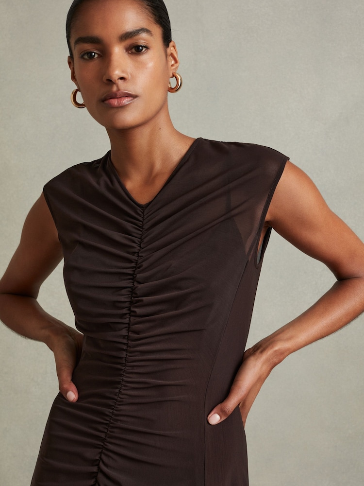 Buy Reiss Chocolate Lyra Petite Mesh Ruched Midi Dress from Next USA