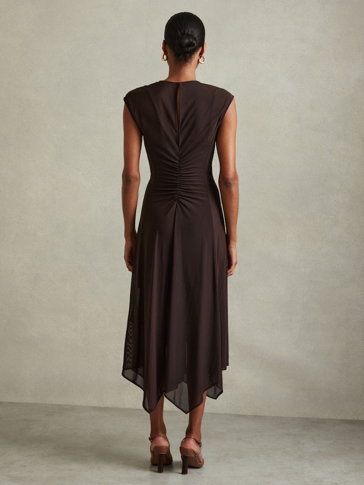 Reiss Chocolate Lyra Petite Mesh Ruched Midi Dress - Image 5 of 5