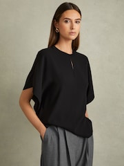 Reiss Black Tania Draped Sleeve Top - Image 1 of 6