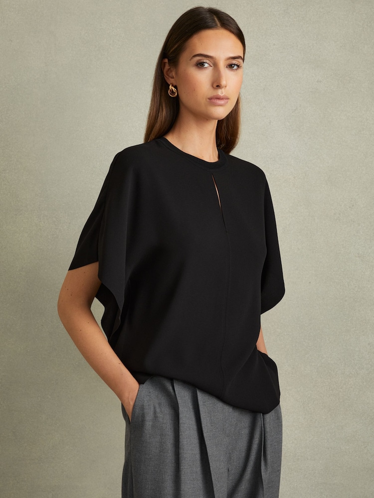 Reiss Black Tania Draped Sleeve Top - Image 1 of 6