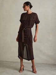 Reiss Chocolate Essie Mesh Utility Belted Midi Dress - Image 1 of 5