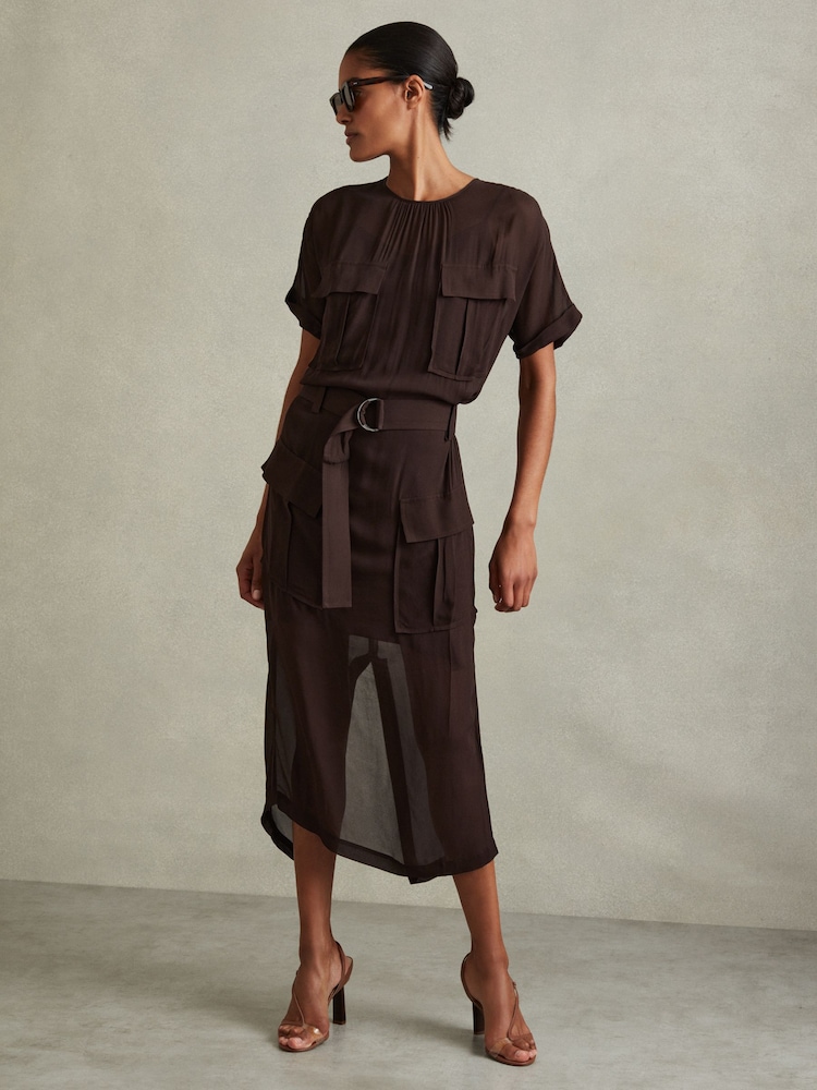 Reiss Chocolate Essie Mesh Utility Belted Midi Dress - Image 1 of 5