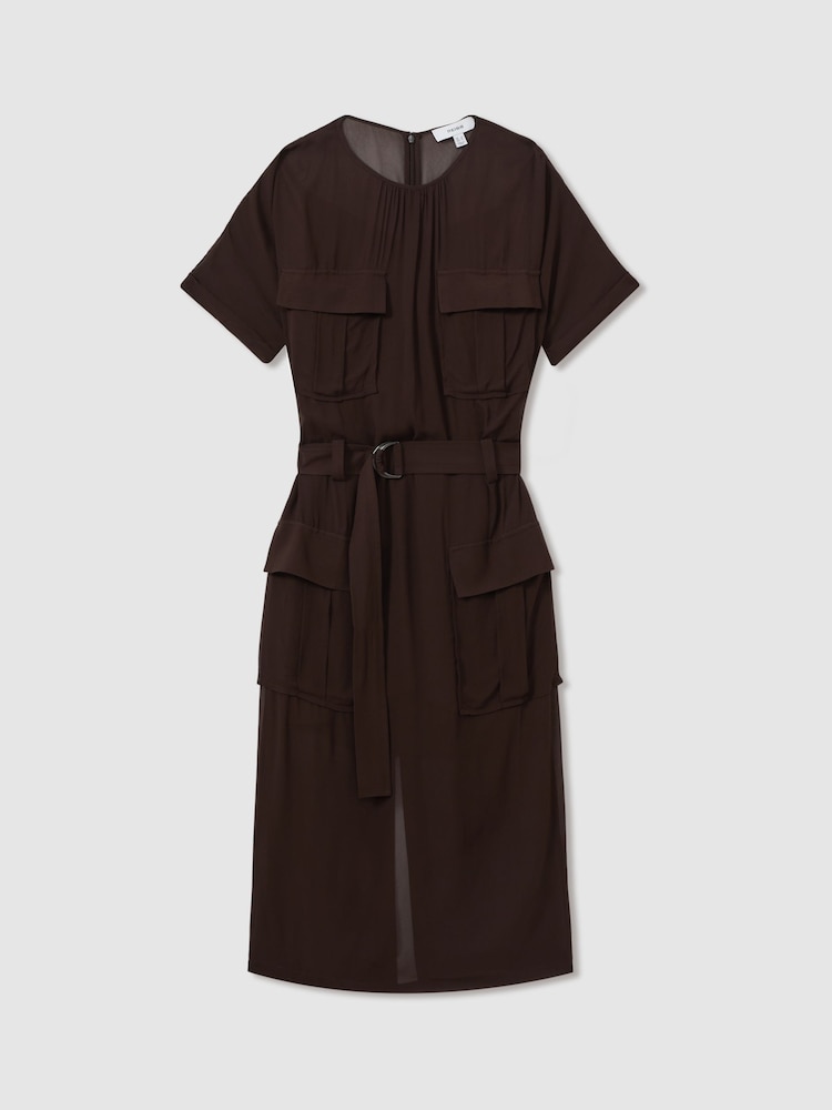 Reiss Chocolate Essie Mesh Utility Belted Midi Dress - Image 2 of 5